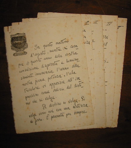 D'Annunzio Gabriele (Copia del manoscritto del messaggio lanciato sul cielo di Vienna il 9 Agosto del 1918) s.d. s.l.